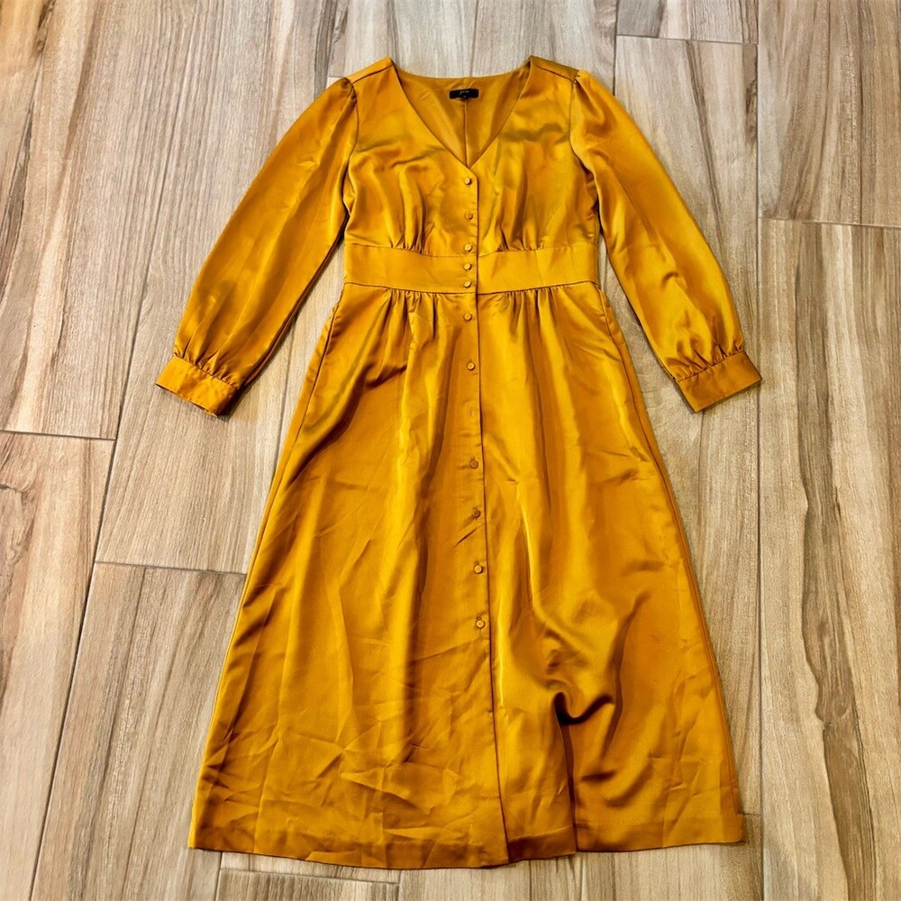 J.Crew Dress Womens Petite 8 Gold Satin Button-Front Midi Long Sleeve